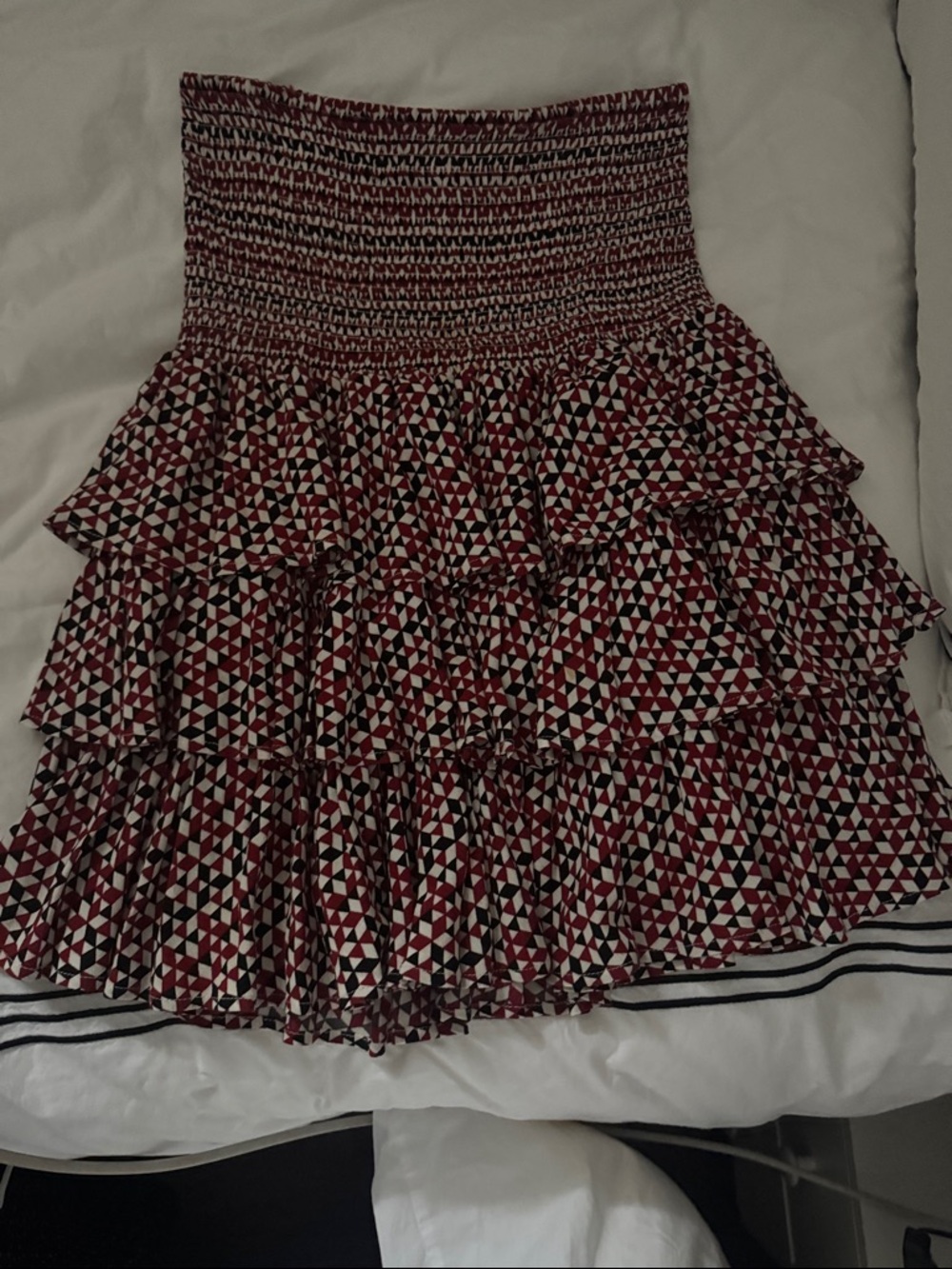 Maje Red, Black & White Smocked Tiered A-Line Skirt